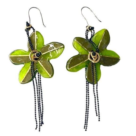 VTG Lalo FLOWER EARRINGS 4" Dangle Drop Green Gold Resin Black Bead Chains - Picture 6 of 6